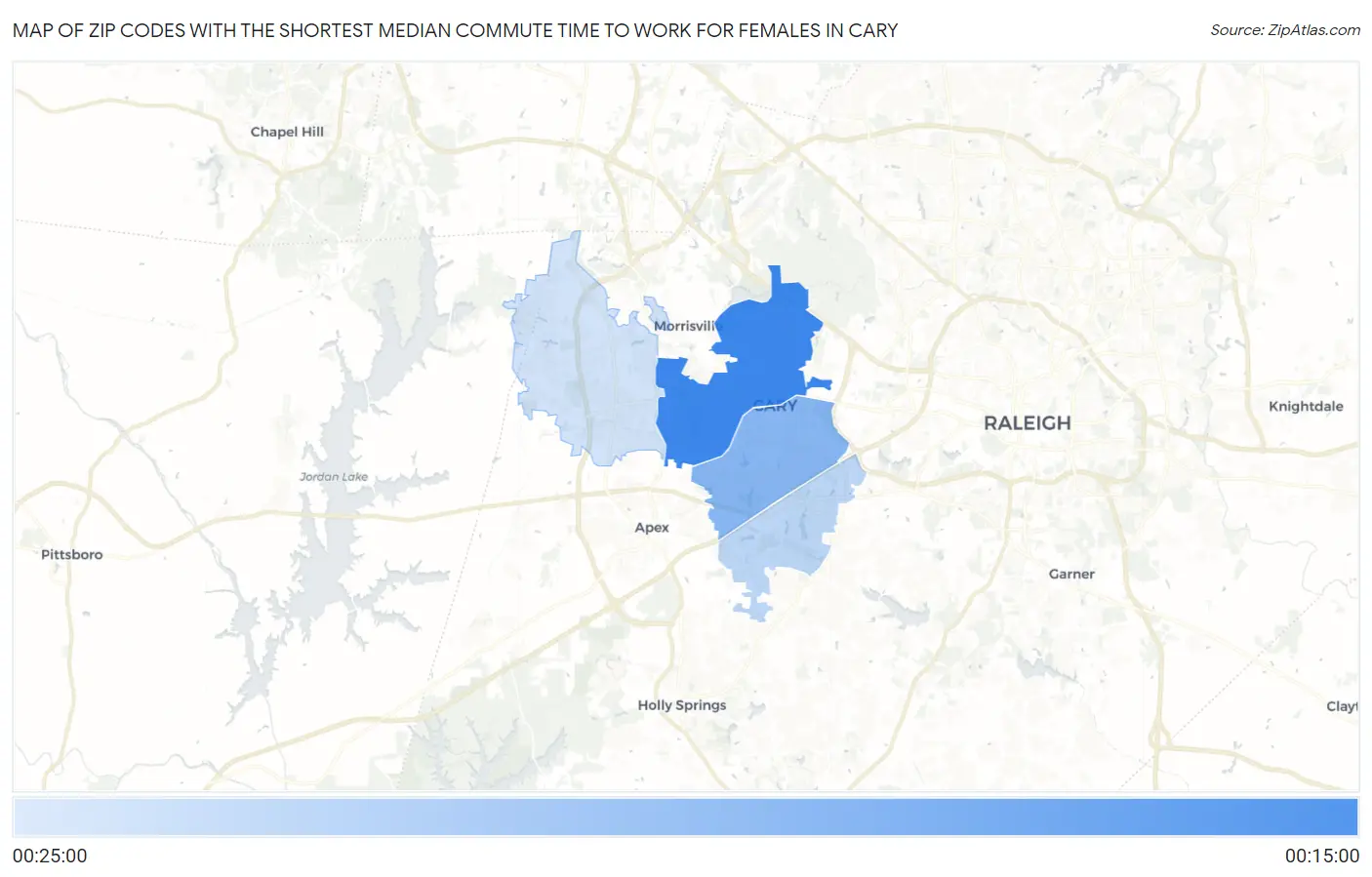 Zip Codes with the Shortest Median Commute Time to Work for Females in Cary Map