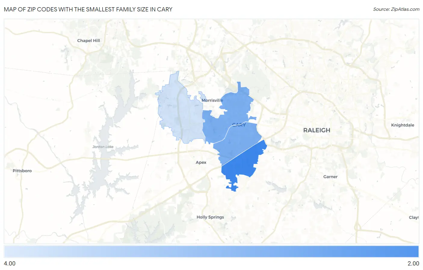 Zip Codes with the Smallest Family Size in Cary Map