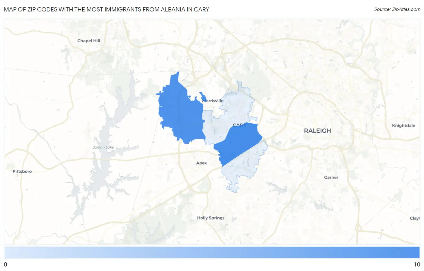 Zip Codes with the Most Immigrants from Albania in Cary Map