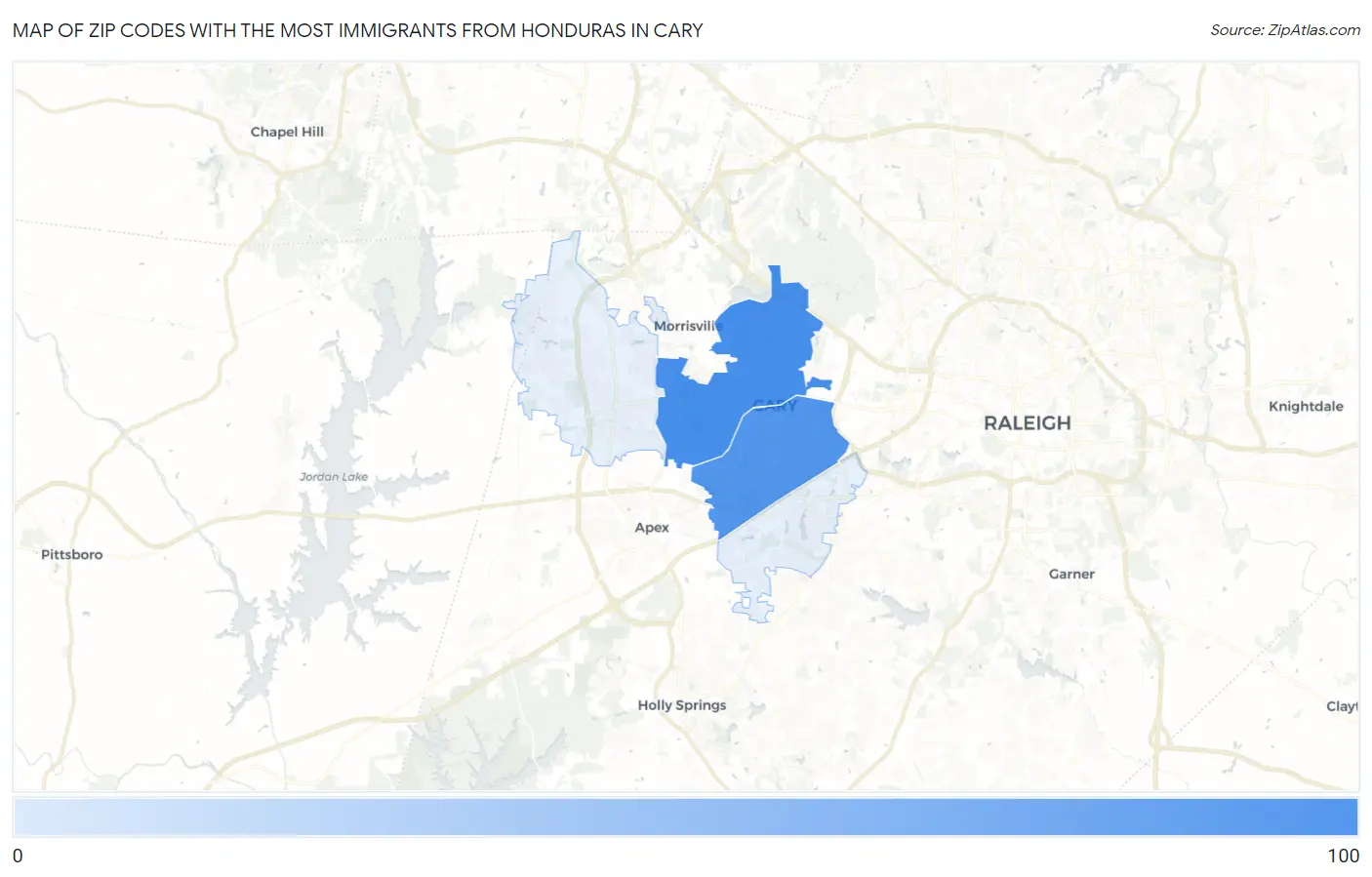 Zip Codes with the Most Immigrants from Honduras in Cary Map
