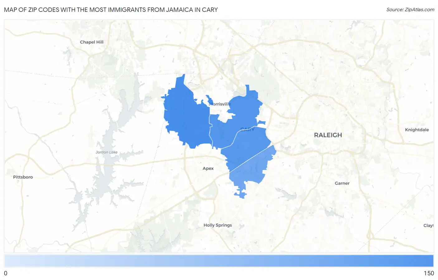 Zip Codes with the Most Immigrants from Jamaica in Cary Map
