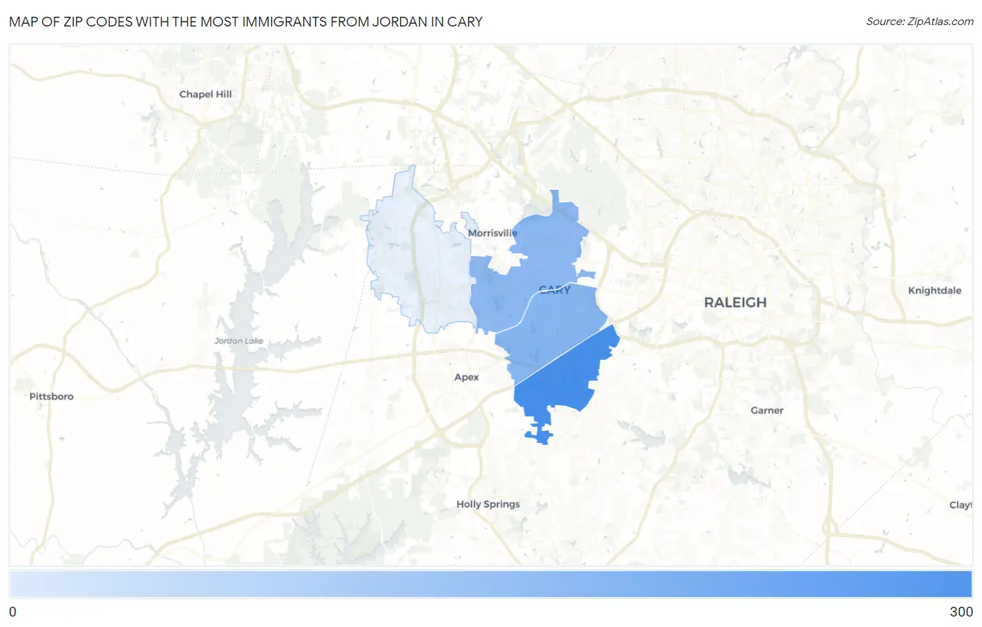Zip Codes with the Most Immigrants from Jordan in Cary Map