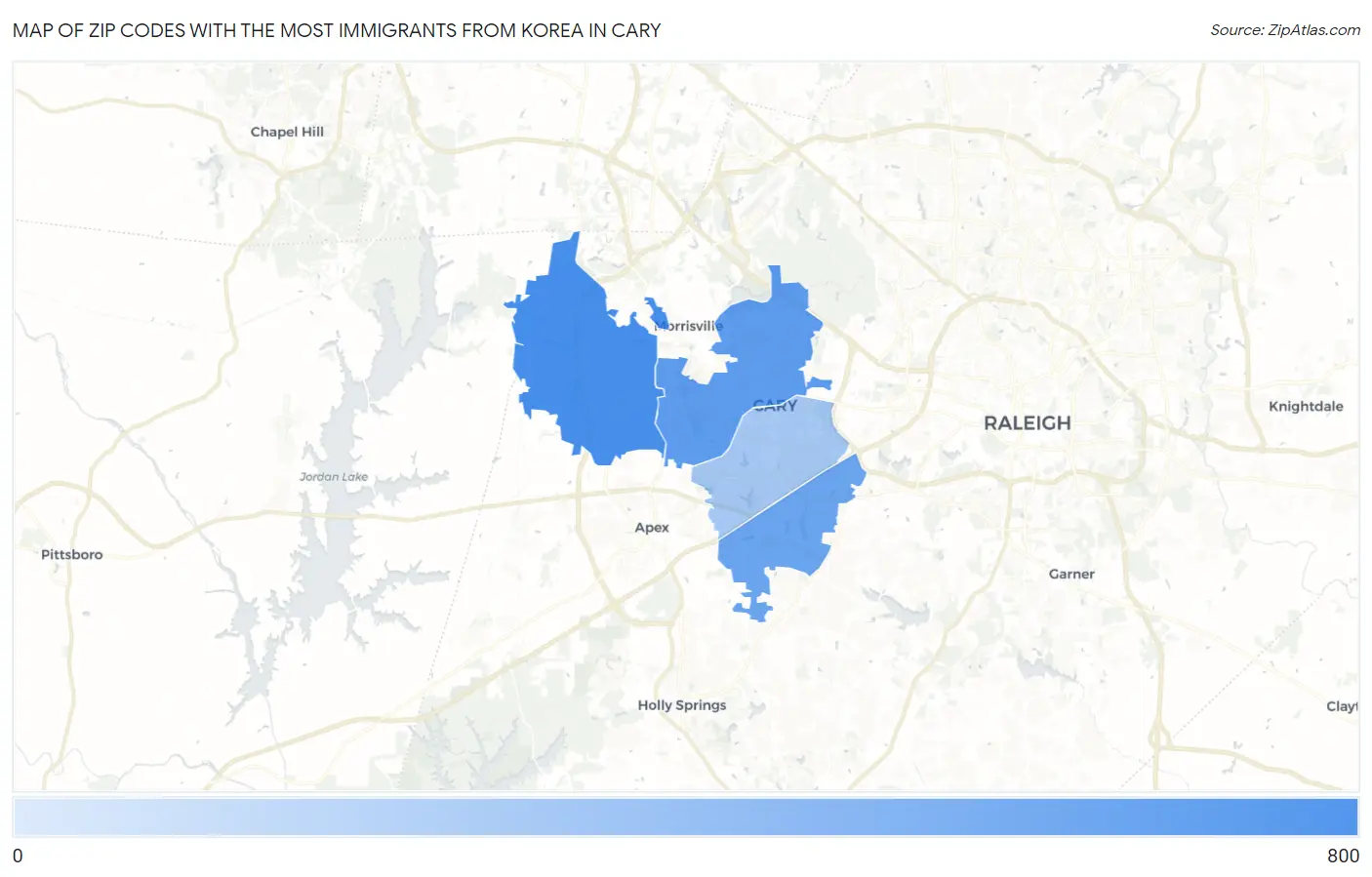 Zip Codes with the Most Immigrants from Korea in Cary Map