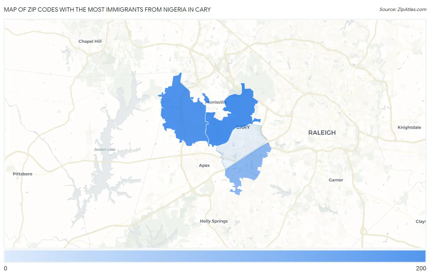 Zip Codes with the Most Immigrants from Nigeria in Cary Map