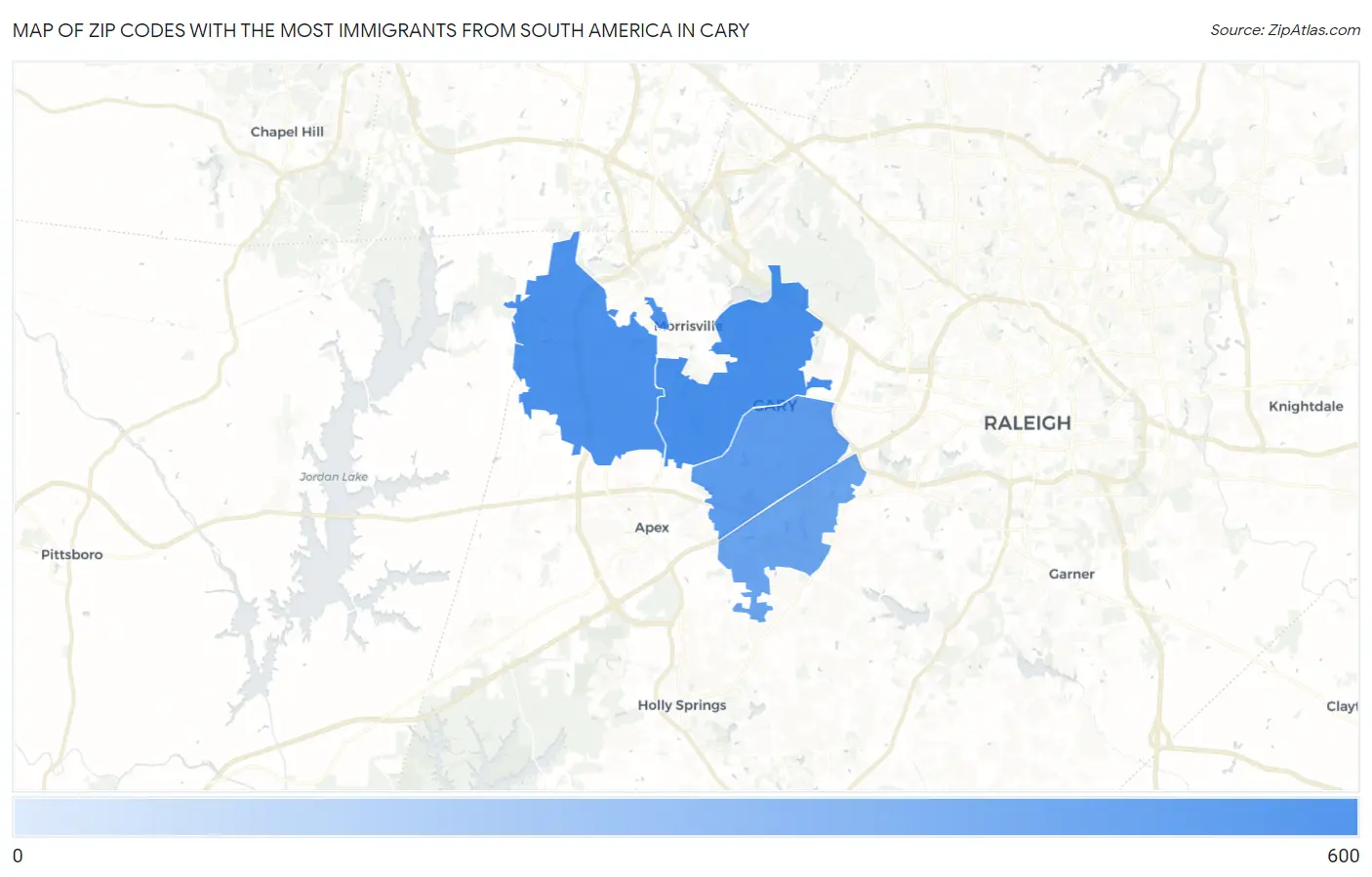 Zip Codes with the Most Immigrants from South America in Cary Map