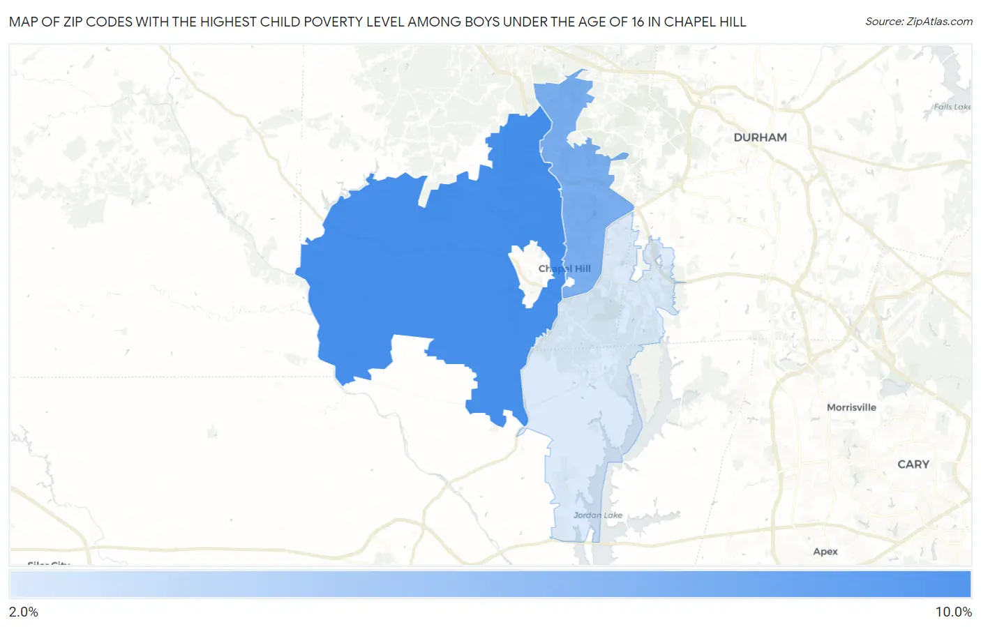 Zip Codes with the Highest Child Poverty Level Among Boys Under the Age of 16 in Chapel Hill Map