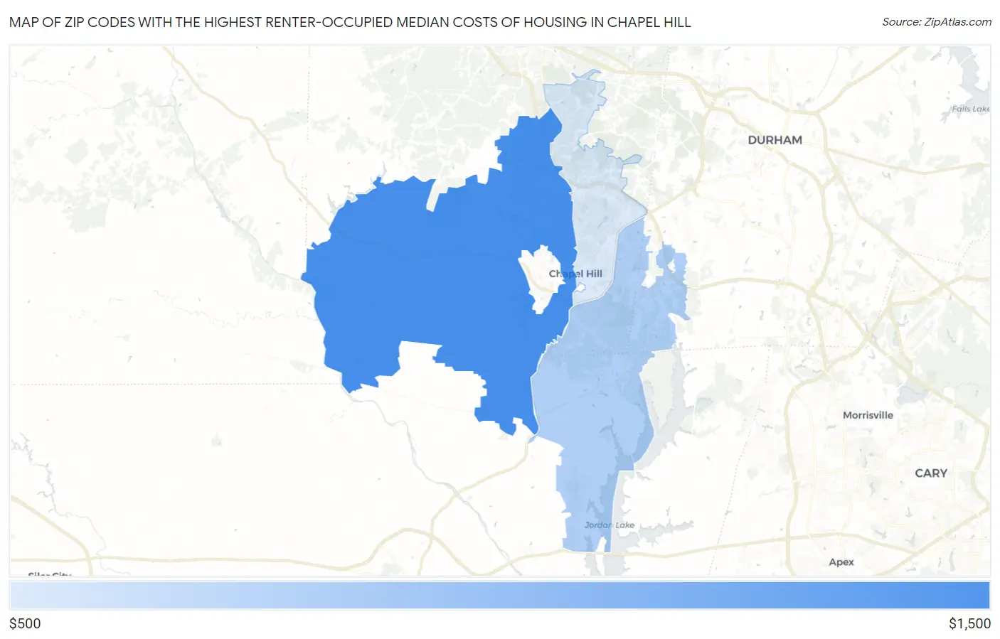Zip Codes with the Highest Renter-Occupied Median Costs of Housing in Chapel Hill Map