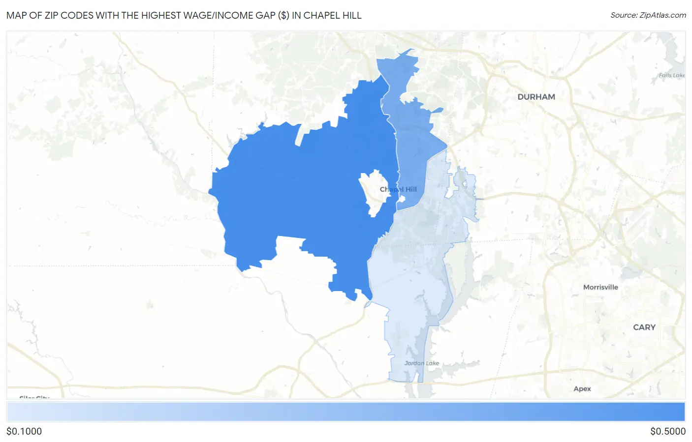 Zip Codes with the Highest Wage/Income Gap ($) in Chapel Hill Map