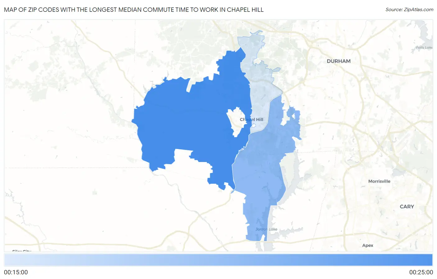 Zip Codes with the Longest Median Commute Time to Work in Chapel Hill Map