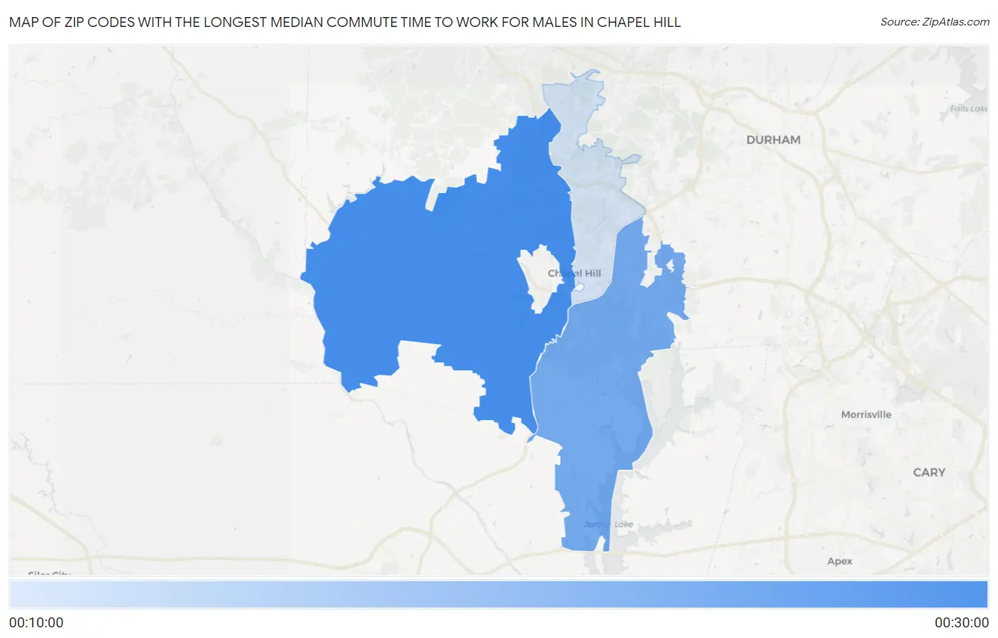 Zip Codes with the Longest Median Commute Time to Work for Males in Chapel Hill Map