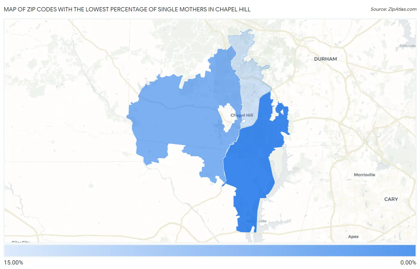 Zip Codes with the Lowest Percentage of Single Mothers in Chapel Hill Map