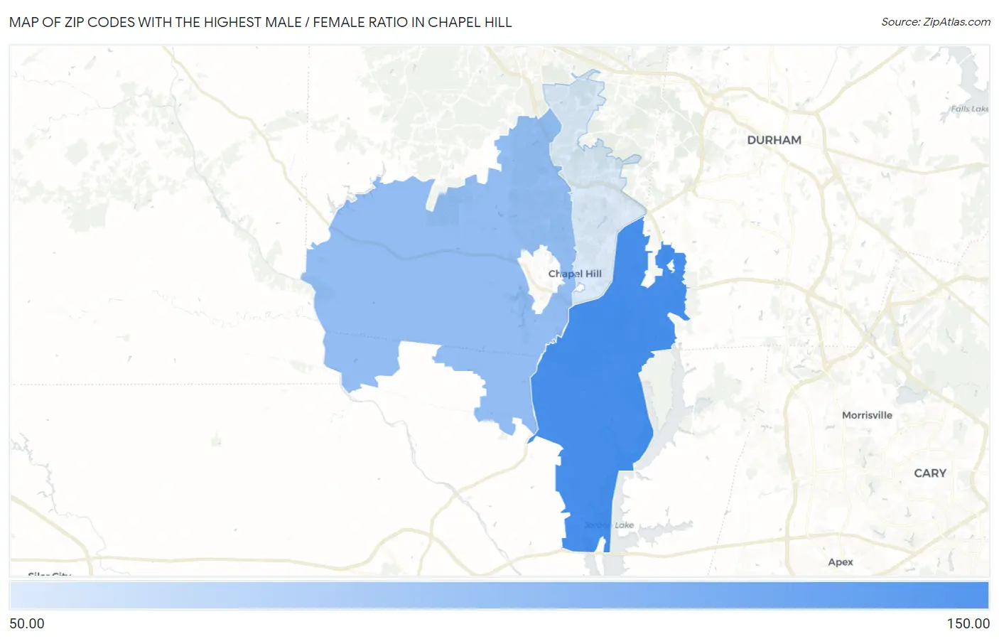 Zip Codes with the Highest Male / Female Ratio in Chapel Hill Map