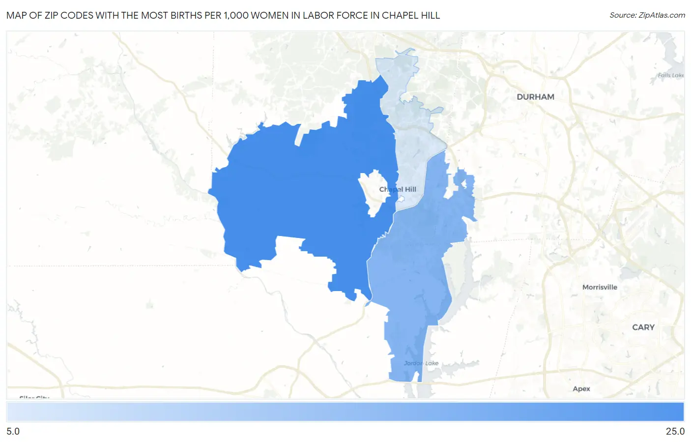 Zip Codes with the Most Births per 1,000 Women in Labor Force in Chapel Hill Map