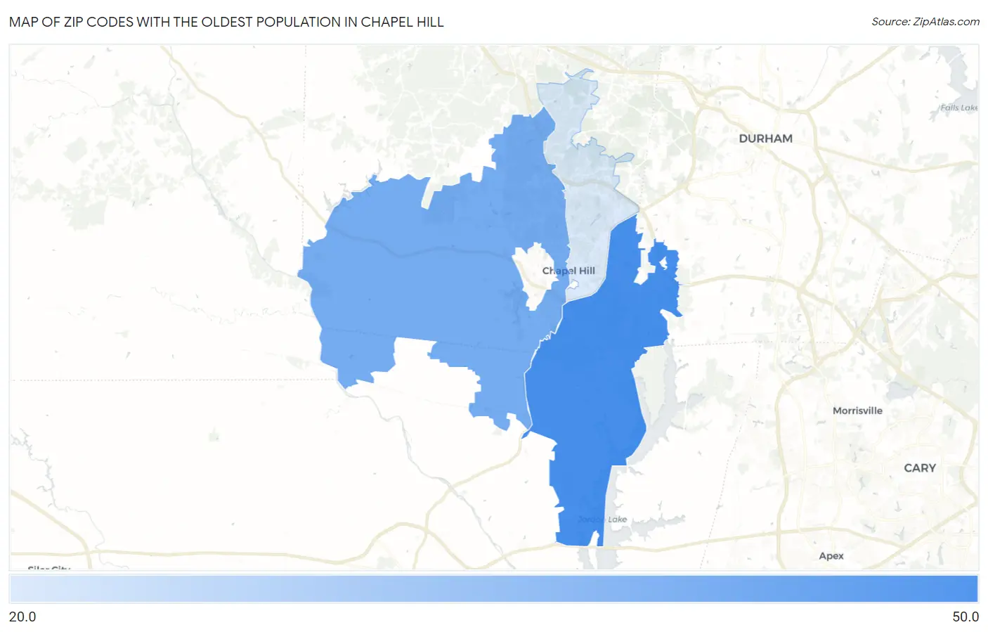 Zip Codes with the Oldest Population in Chapel Hill Map