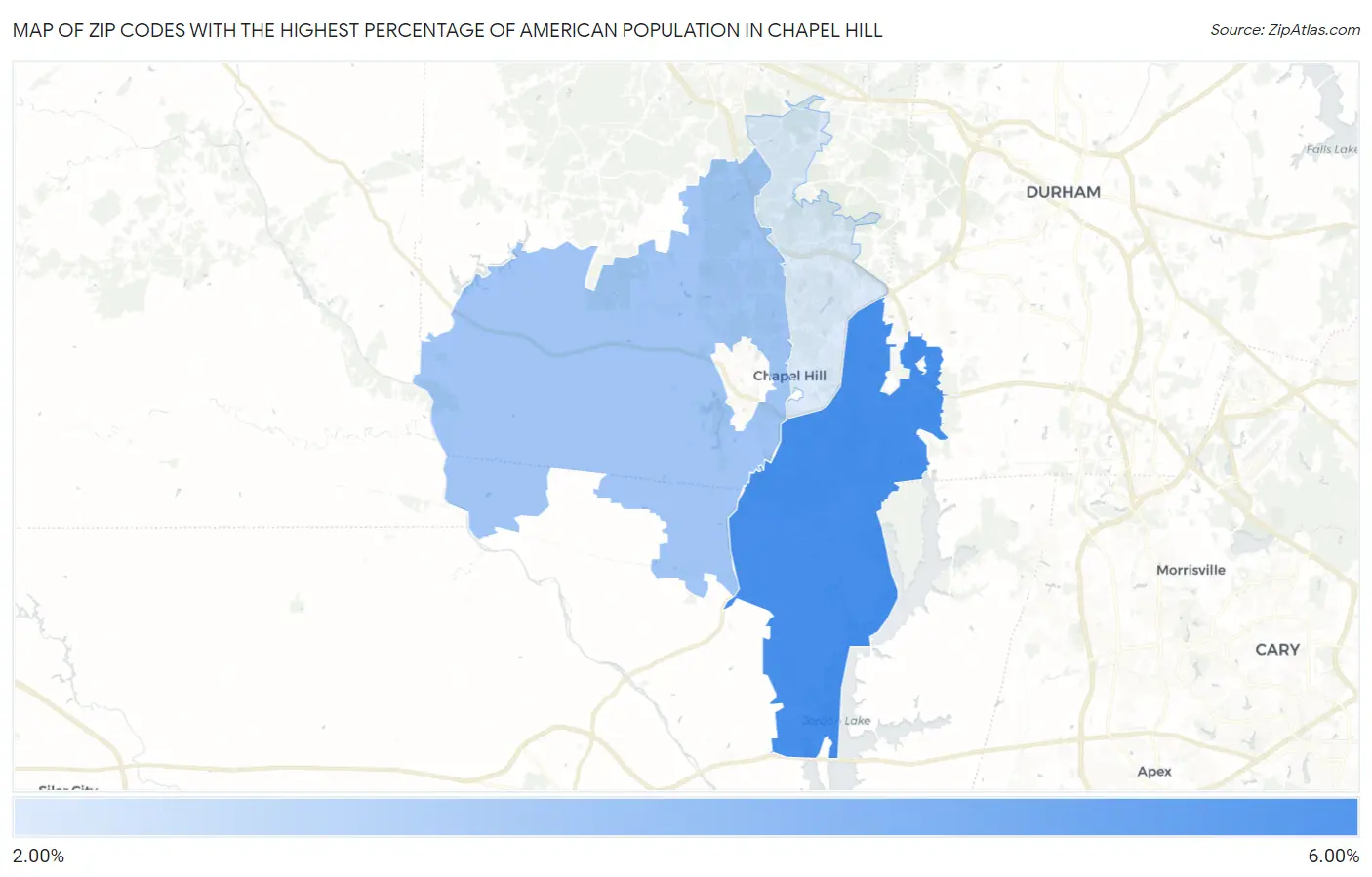 Zip Codes with the Highest Percentage of American Population in Chapel Hill Map