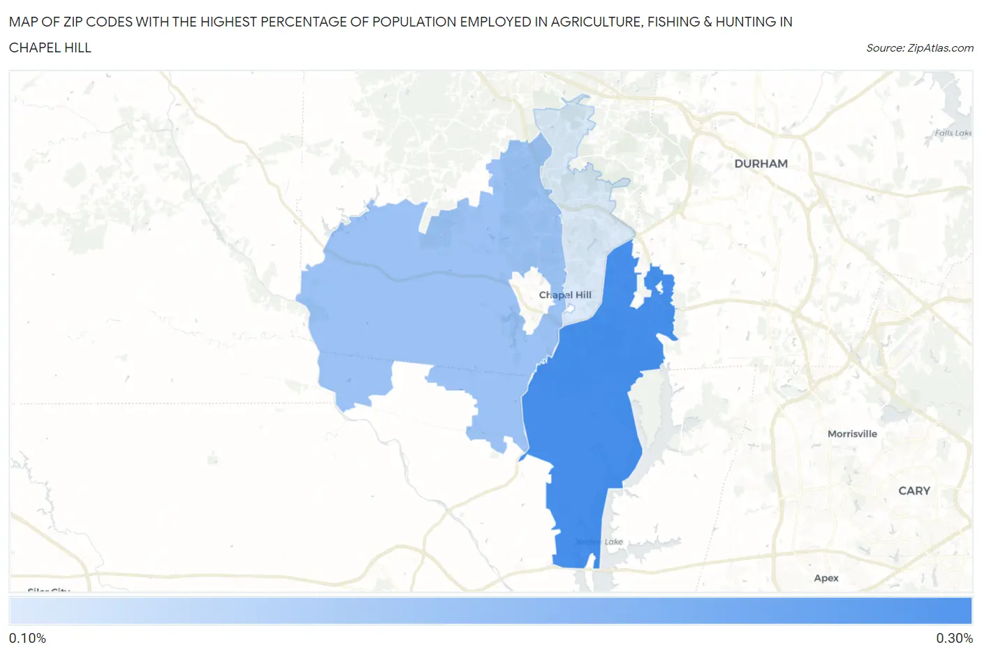 Zip Codes with the Highest Percentage of Population Employed in Agriculture, Fishing & Hunting in Chapel Hill Map