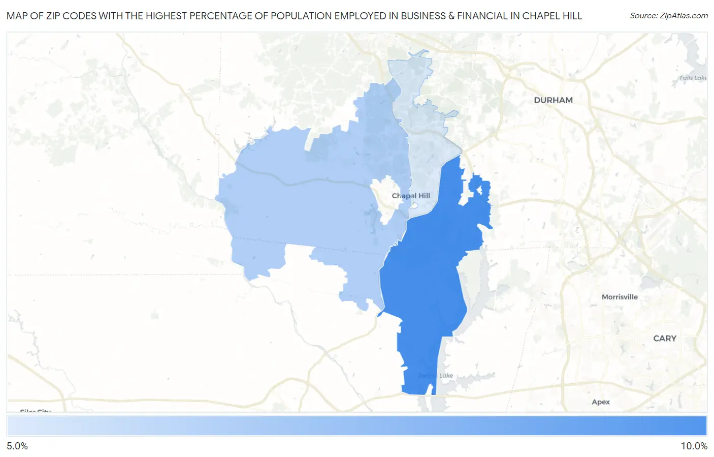 Zip Codes with the Highest Percentage of Population Employed in Business & Financial in Chapel Hill Map