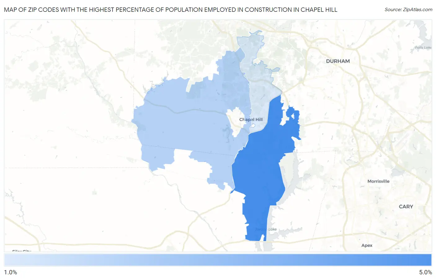 Zip Codes with the Highest Percentage of Population Employed in Construction in Chapel Hill Map