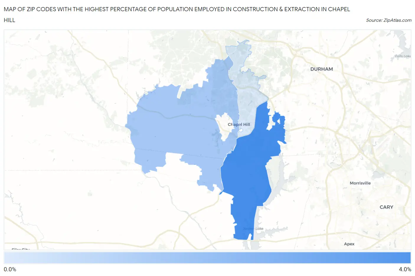 Zip Codes with the Highest Percentage of Population Employed in Construction & Extraction in Chapel Hill Map