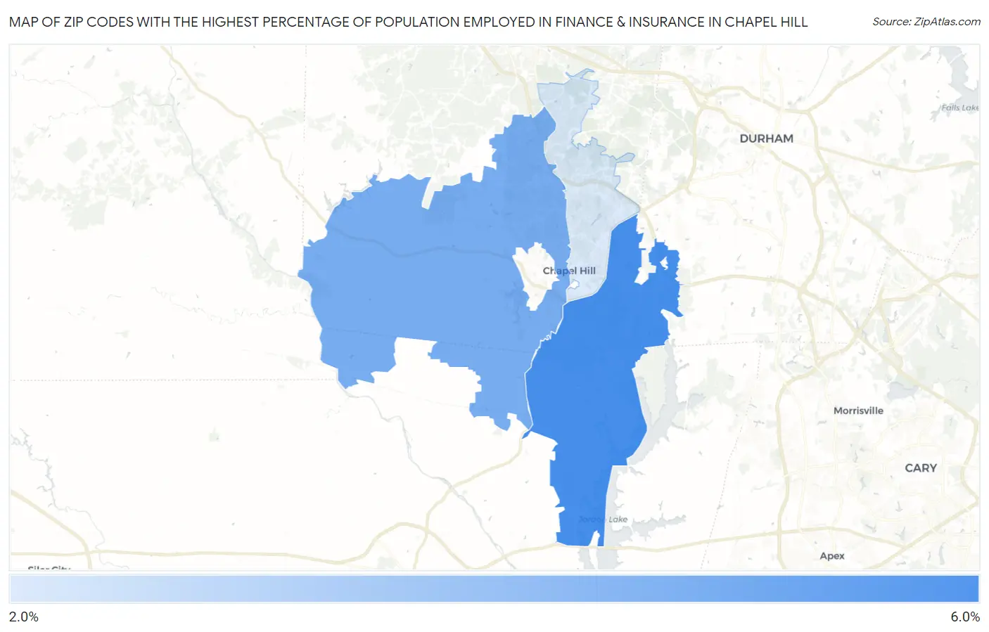 Zip Codes with the Highest Percentage of Population Employed in Finance & Insurance in Chapel Hill Map