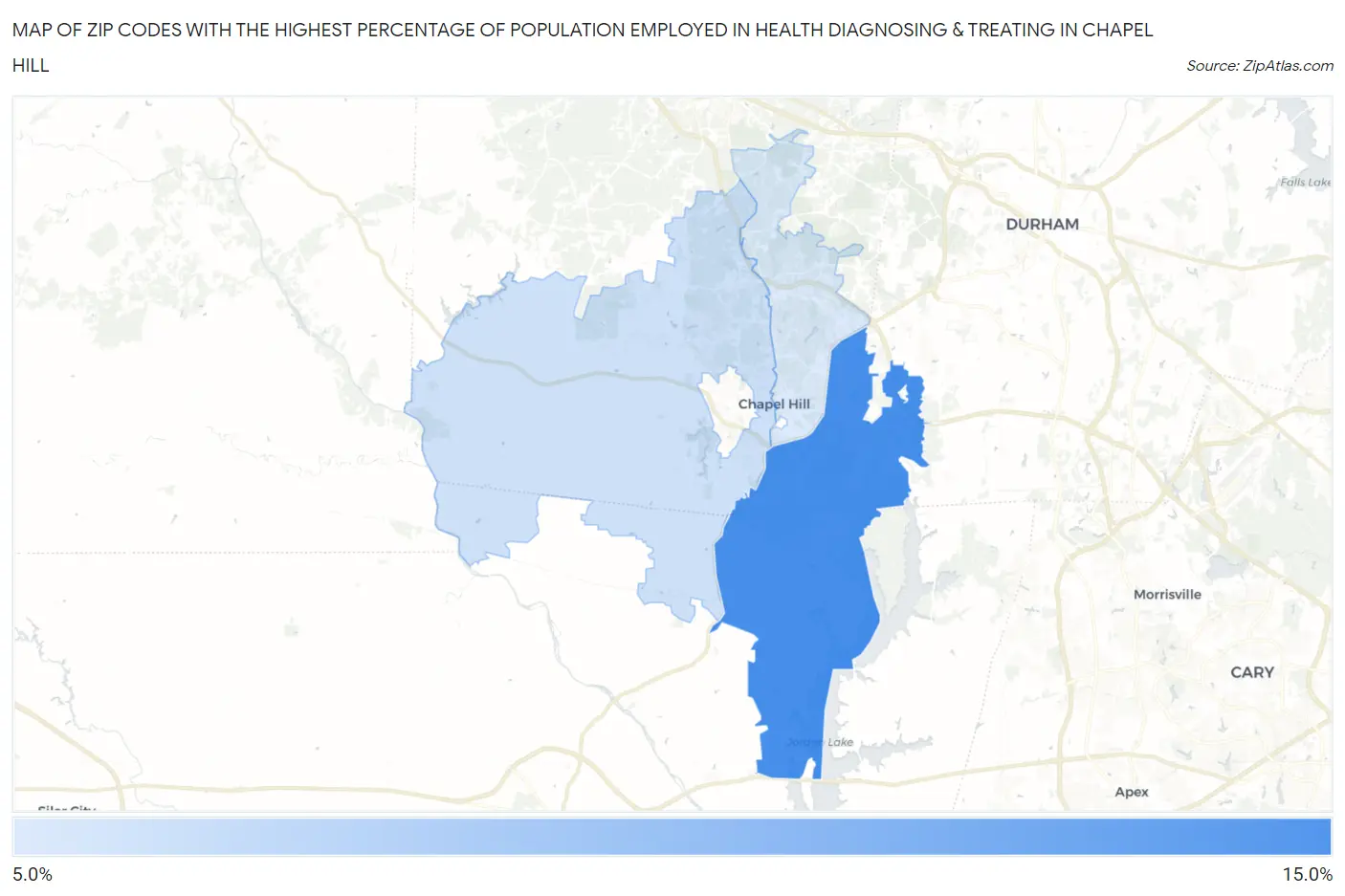 Zip Codes with the Highest Percentage of Population Employed in Health Diagnosing & Treating in Chapel Hill Map