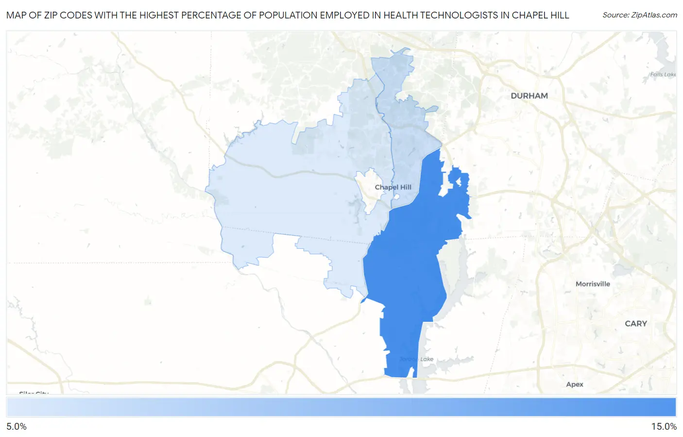 Zip Codes with the Highest Percentage of Population Employed in Health Technologists in Chapel Hill Map