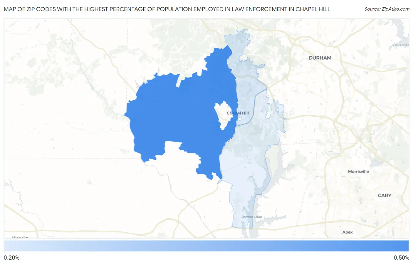 Zip Codes with the Highest Percentage of Population Employed in Law Enforcement in Chapel Hill Map