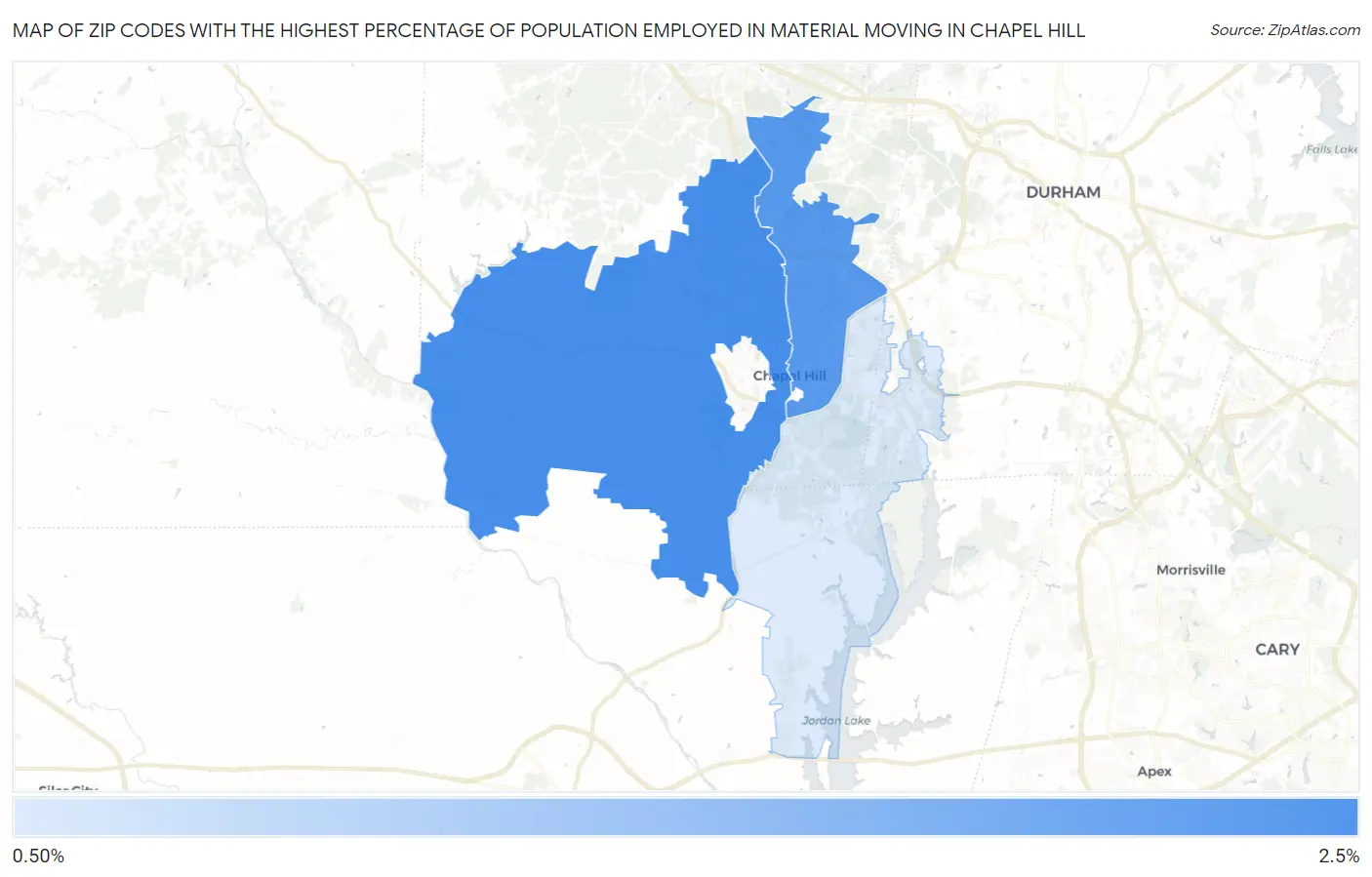 Zip Codes with the Highest Percentage of Population Employed in Material Moving in Chapel Hill Map