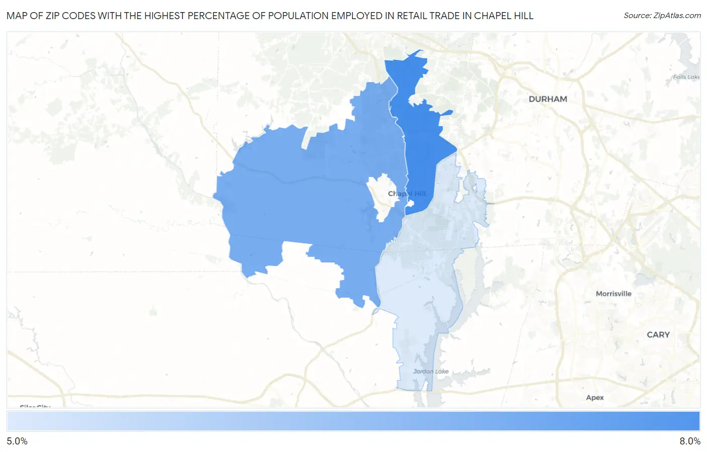 Zip Codes with the Highest Percentage of Population Employed in Retail Trade in Chapel Hill Map