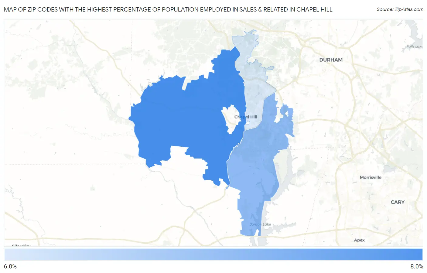 Zip Codes with the Highest Percentage of Population Employed in Sales & Related in Chapel Hill Map