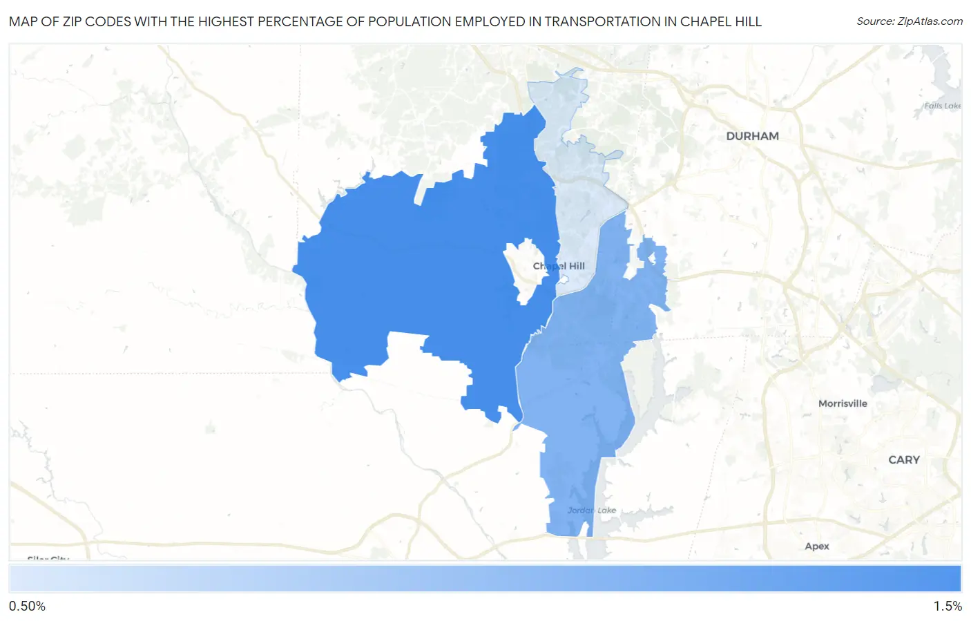 Zip Codes with the Highest Percentage of Population Employed in Transportation in Chapel Hill Map