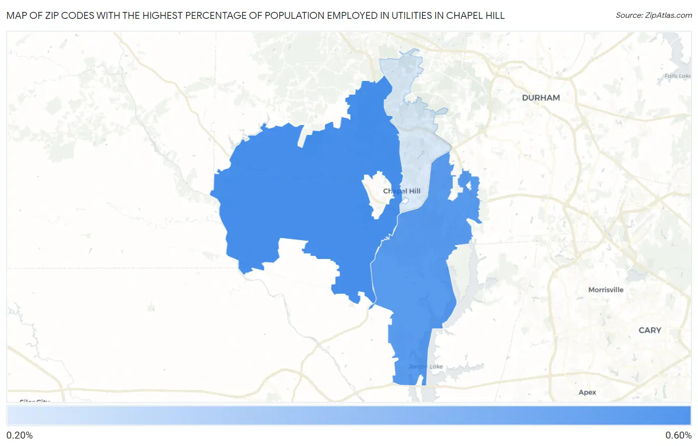 Zip Codes with the Highest Percentage of Population Employed in Utilities in Chapel Hill Map