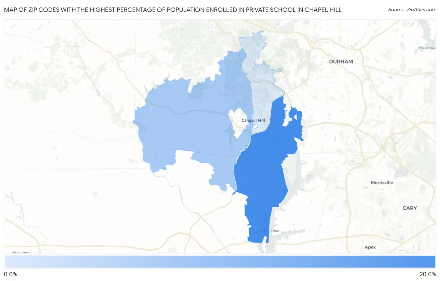 Zip Codes with the Highest Percentage of Population Enrolled in Private School in Chapel Hill Map