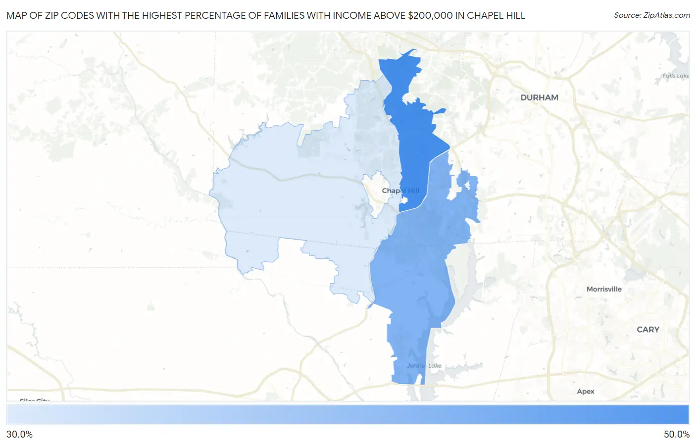 Zip Codes with the Highest Percentage of Families with Income Above $200,000 in Chapel Hill Map