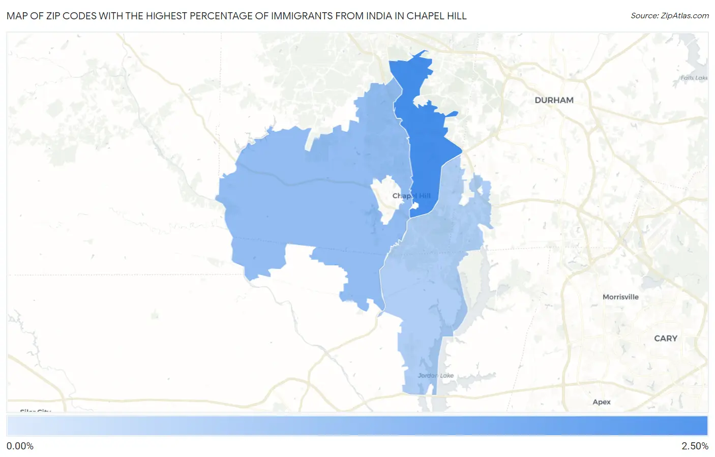 Zip Codes with the Highest Percentage of Immigrants from India in Chapel Hill Map