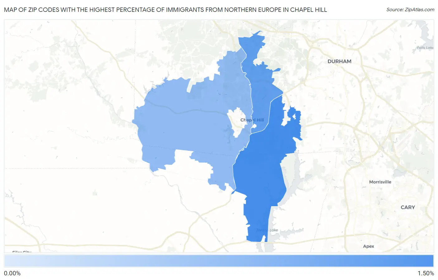 Zip Codes with the Highest Percentage of Immigrants from Northern Europe in Chapel Hill Map