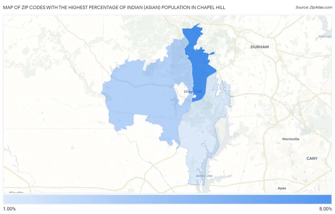 Zip Codes with the Highest Percentage of Indian (Asian) Population in Chapel Hill Map