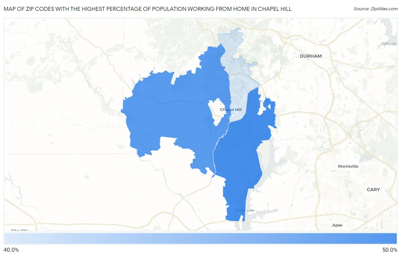 Zip Codes with the Highest Percentage of Population Working from Home in Chapel Hill Map