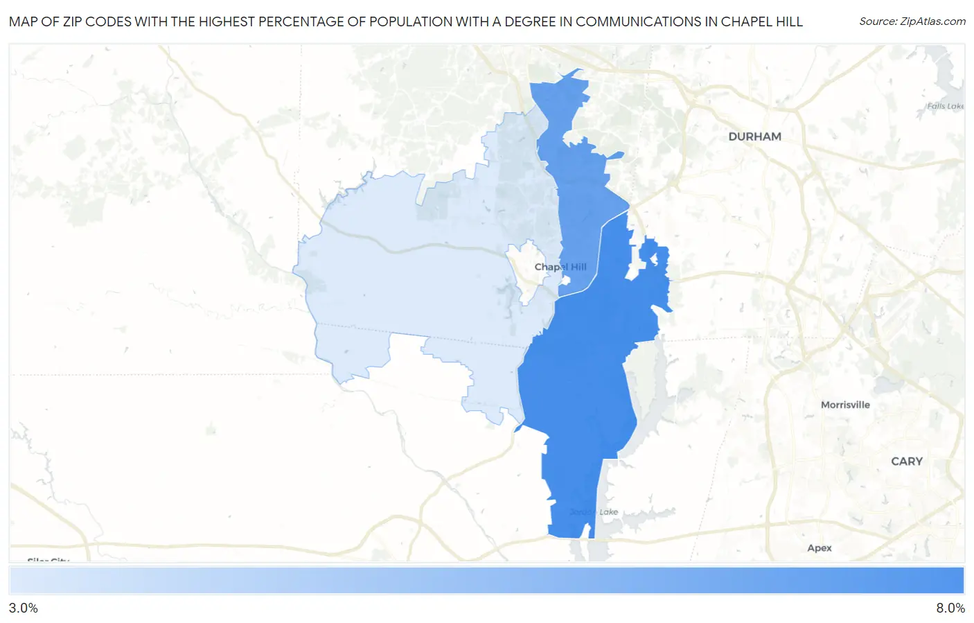 Zip Codes with the Highest Percentage of Population with a Degree in Communications in Chapel Hill Map