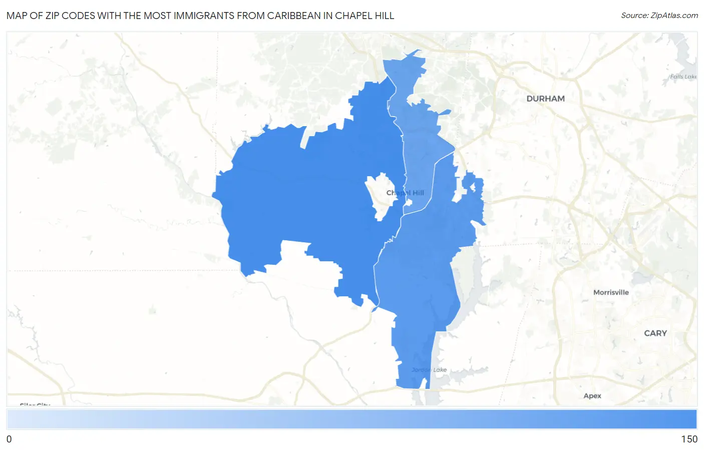 Zip Codes with the Most Immigrants from Caribbean in Chapel Hill Map