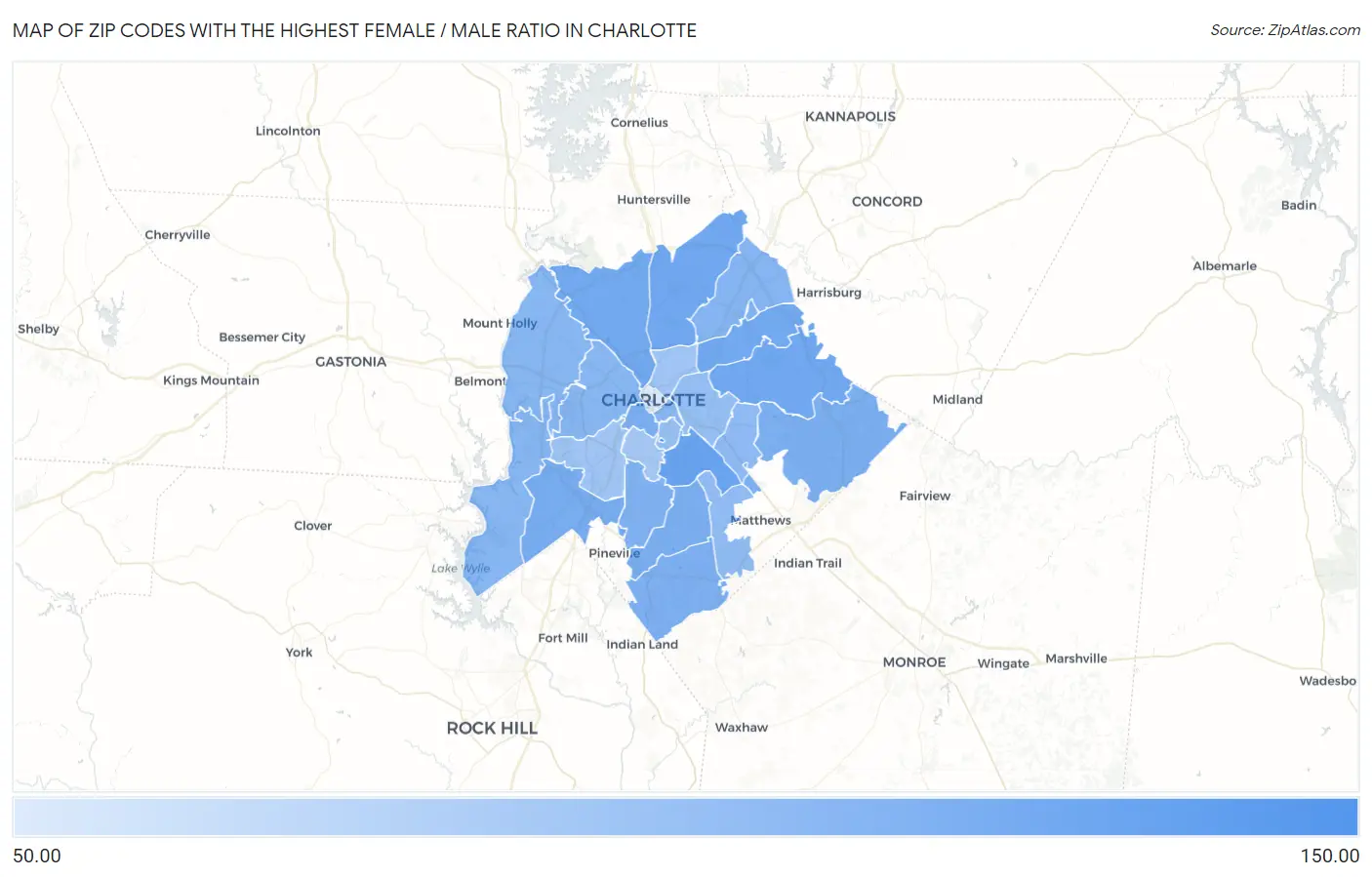 Zip Codes with the Highest Female / Male Ratio in Charlotte Map