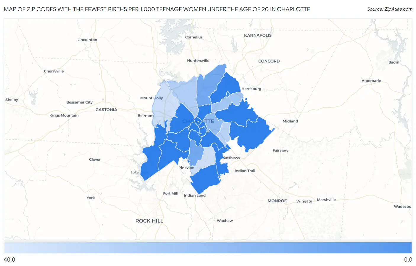 Zip Codes with the Fewest Births per 1,000 Teenage Women Under the Age of 20 in Charlotte Map