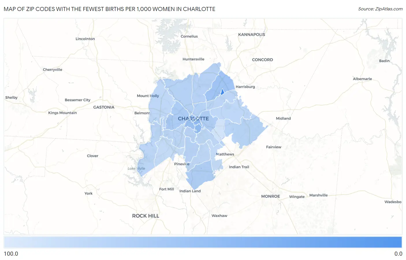 Zip Codes with the Fewest Births per 1,000 Women in Charlotte Map