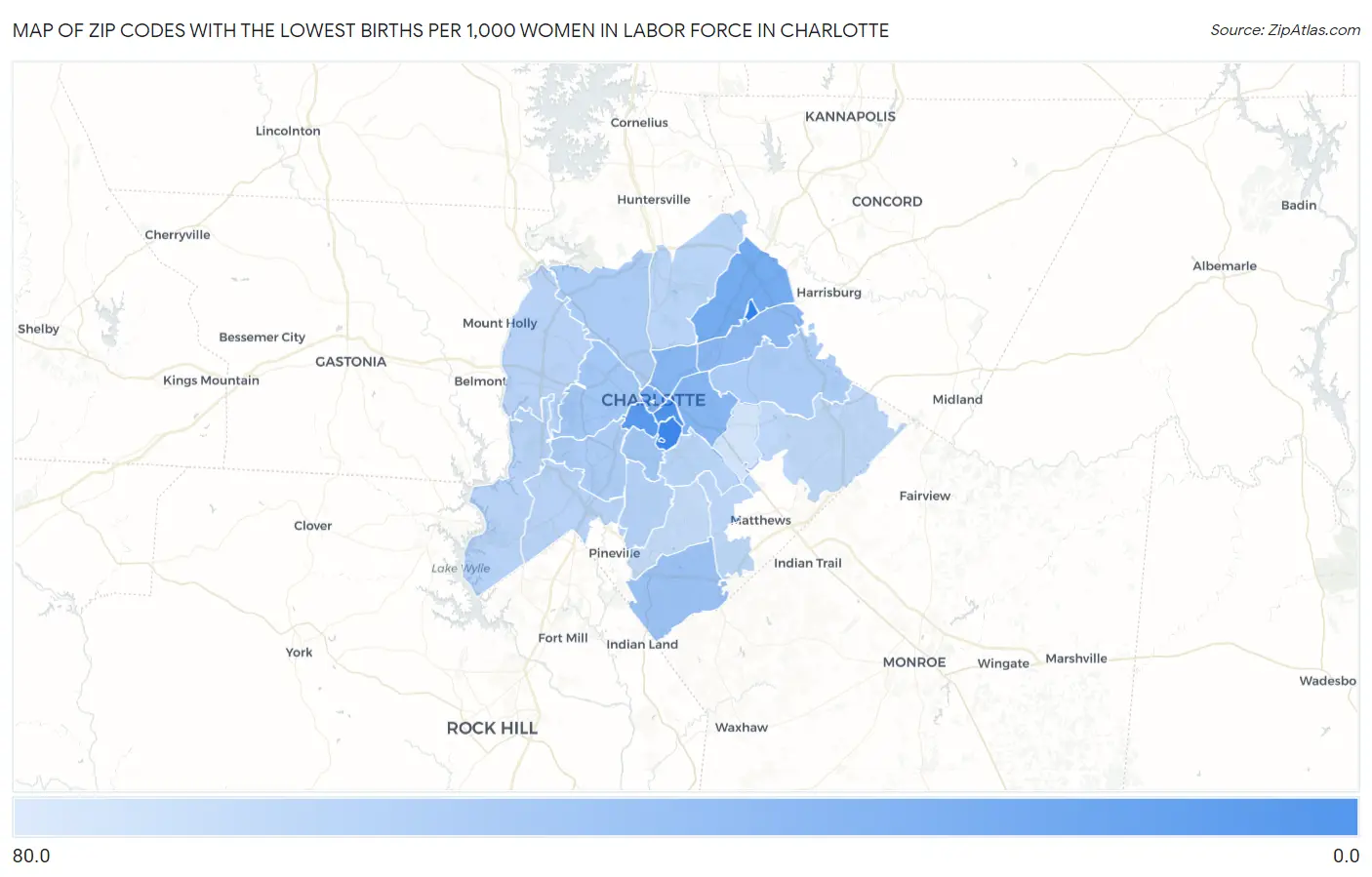Zip Codes with the Lowest Births per 1,000 Women in Labor Force in Charlotte Map