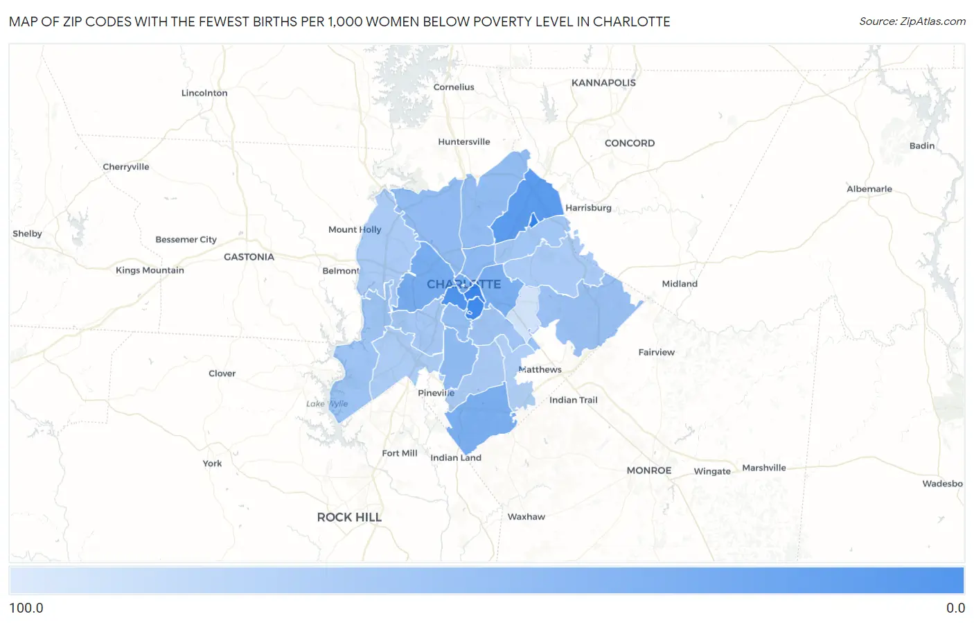 Zip Codes with the Fewest Births per 1,000 Women Below Poverty Level in Charlotte Map