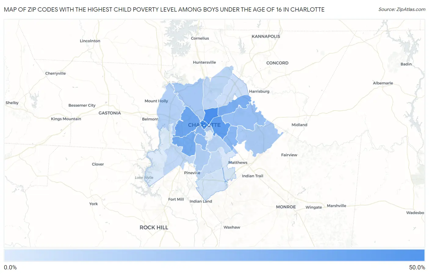 Zip Codes with the Highest Child Poverty Level Among Boys Under the Age of 16 in Charlotte Map