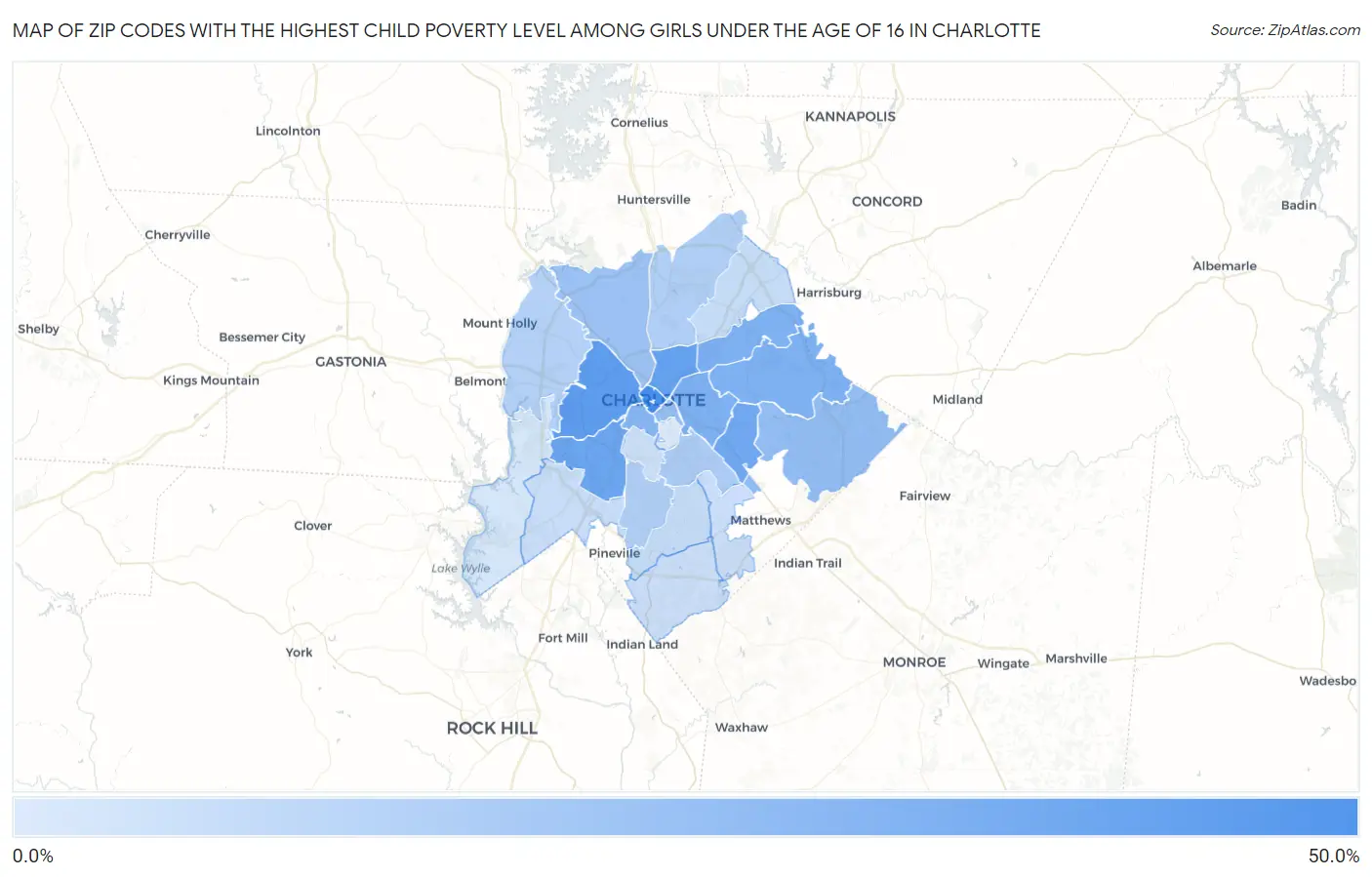 Zip Codes with the Highest Child Poverty Level Among Girls Under the Age of 16 in Charlotte Map