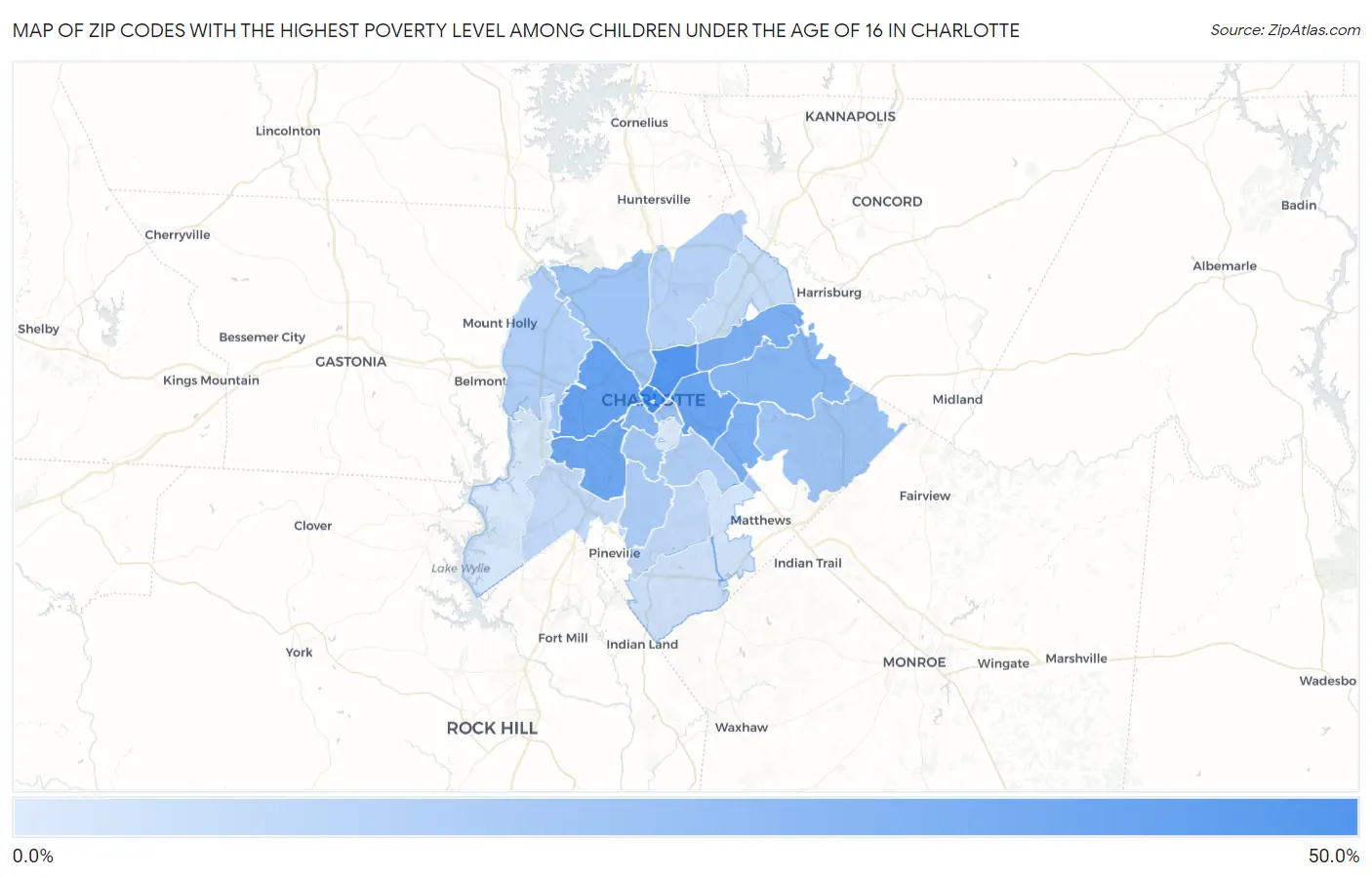 Zip Codes with the Highest Poverty Level Among Children Under the Age of 16 in Charlotte Map