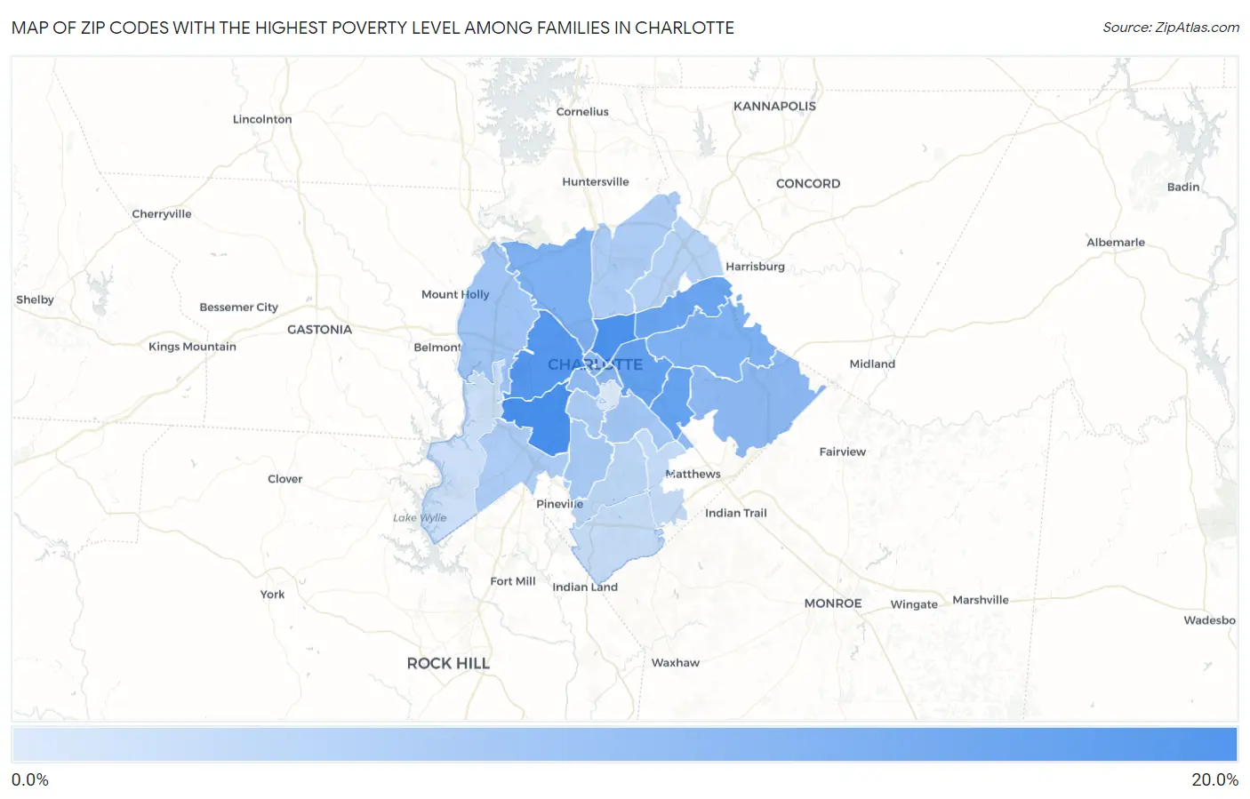Zip Codes with the Highest Poverty Level Among Families in Charlotte Map