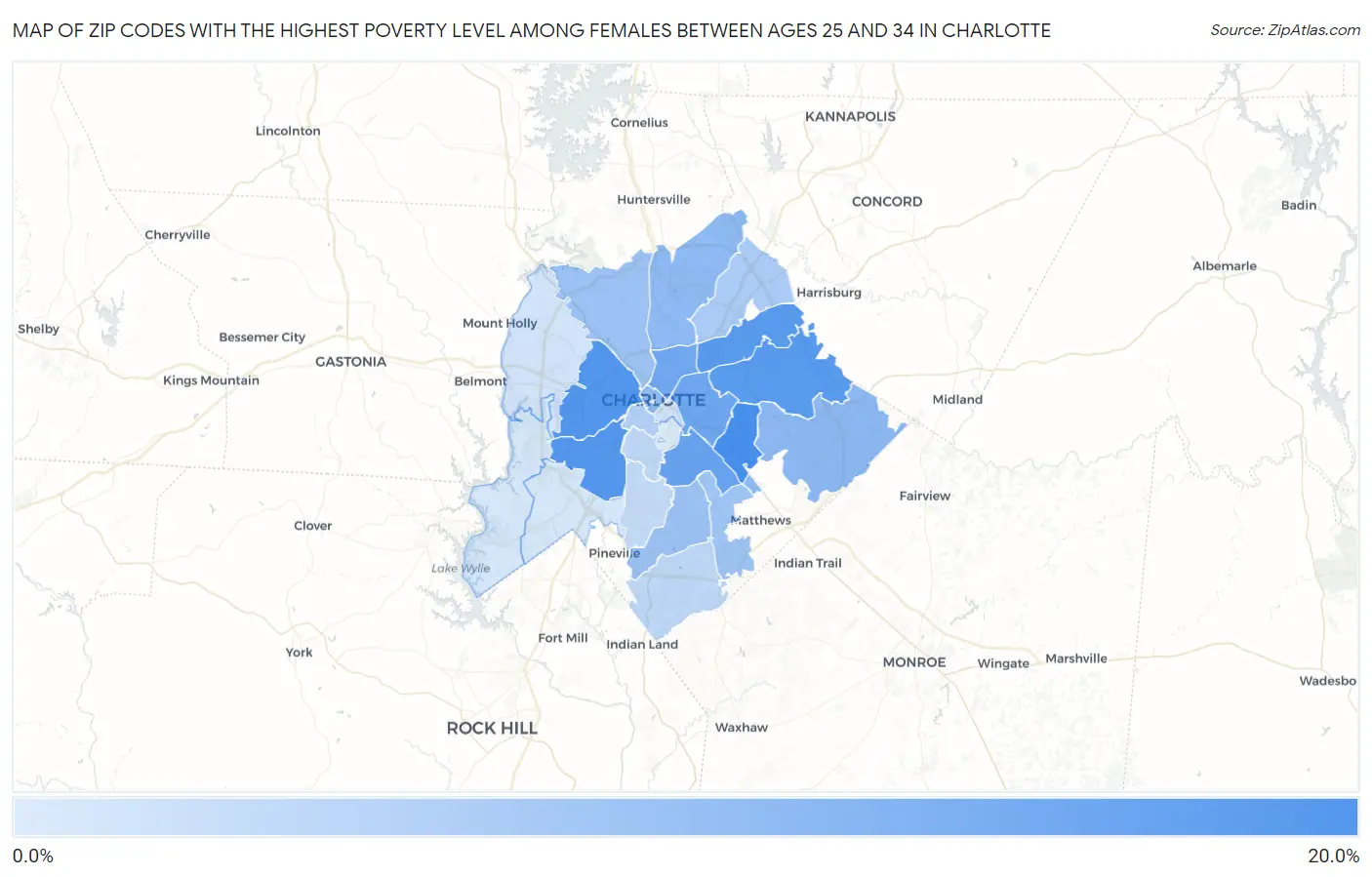 Zip Codes with the Highest Poverty Level Among Females Between Ages 25 and 34 in Charlotte Map